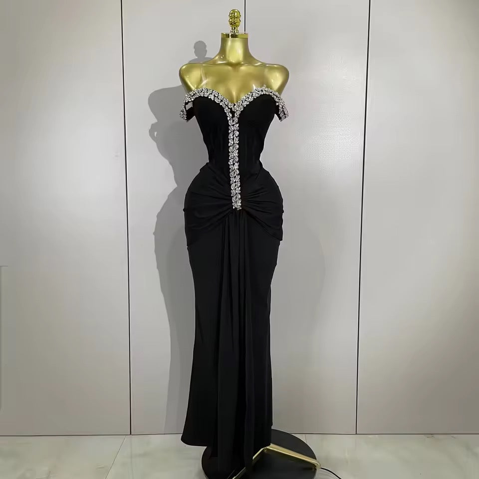 Crystal Embellished Off-Shoulder Maxi Dress – Black