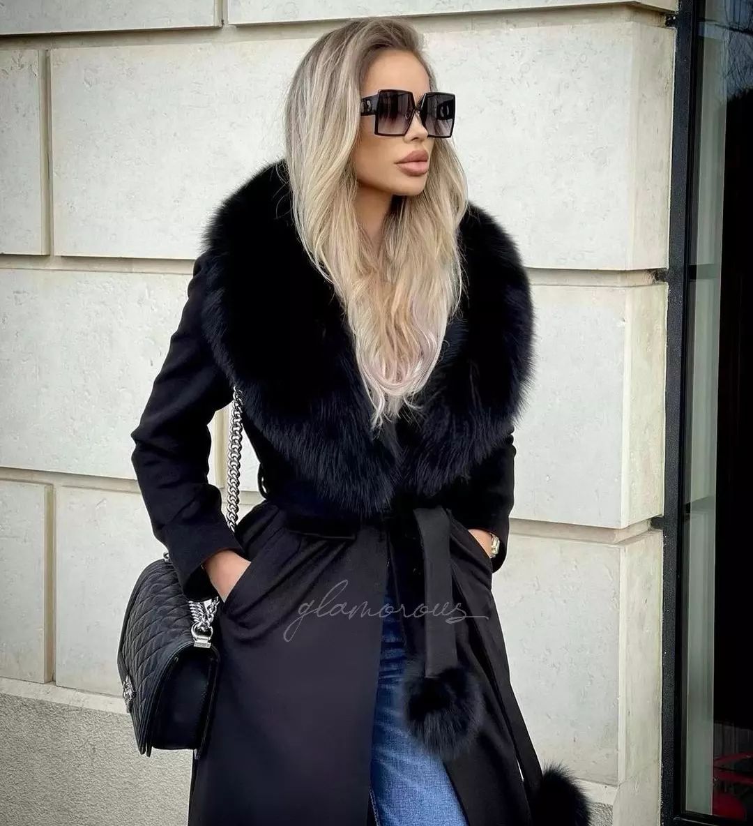 Fox Fur Cashmere Coat in black
