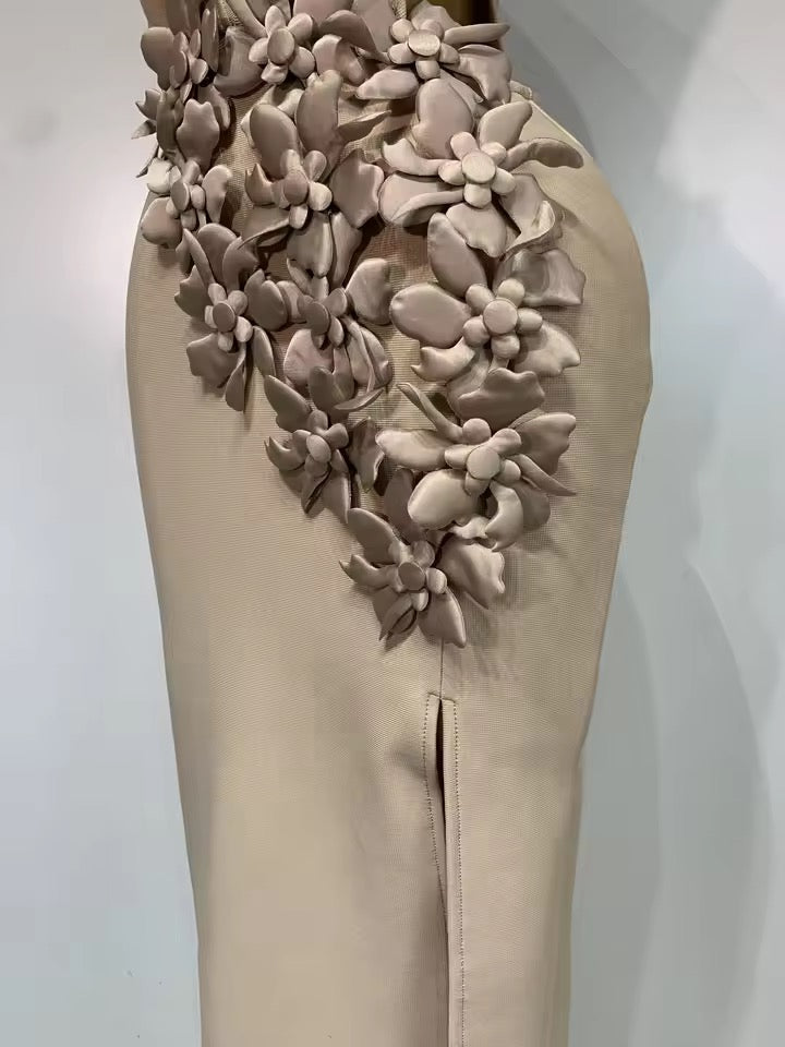 Floral Appliqué Halter Bandage Midi Dress