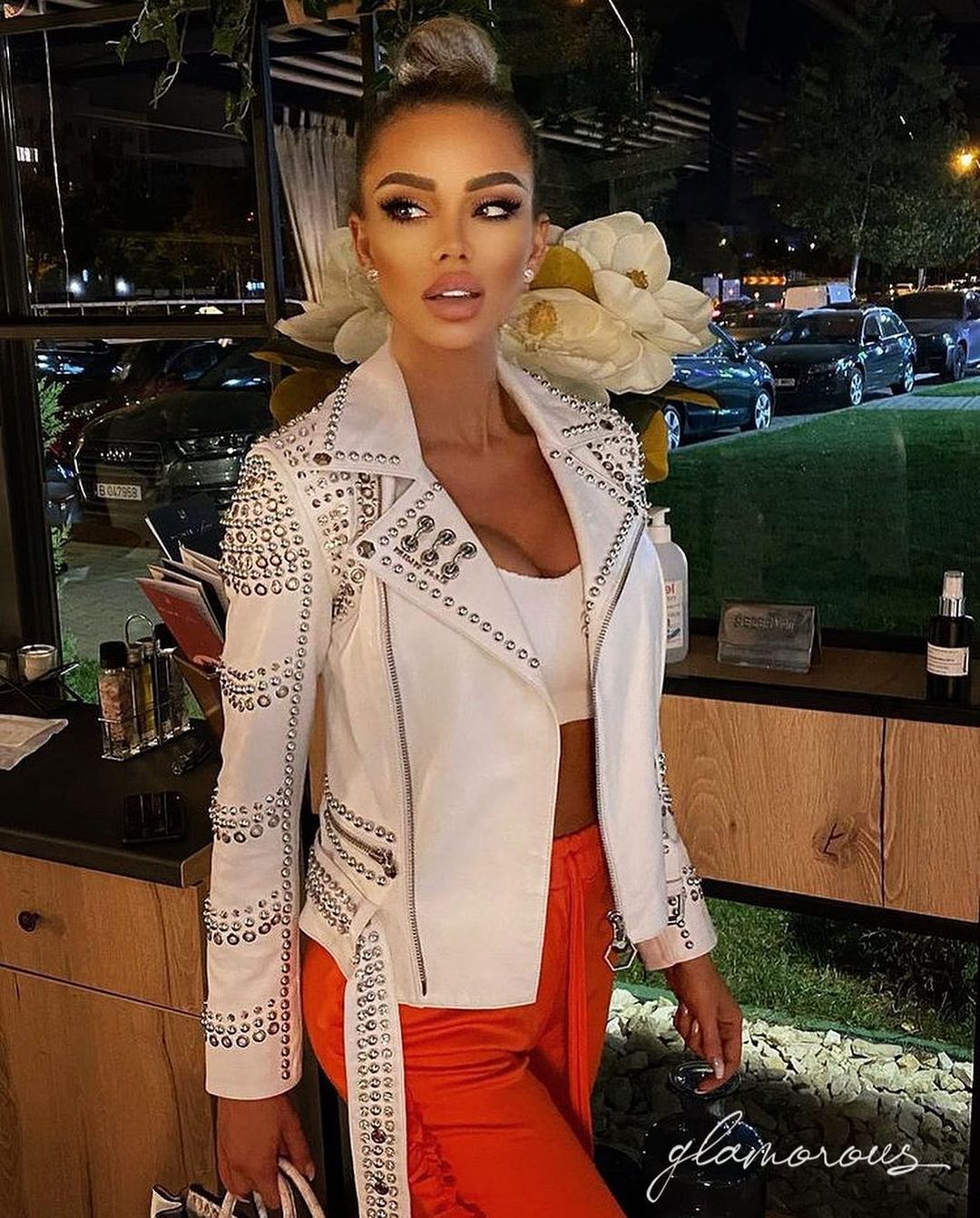 Genuine Leather Biker Jacket in white with studs