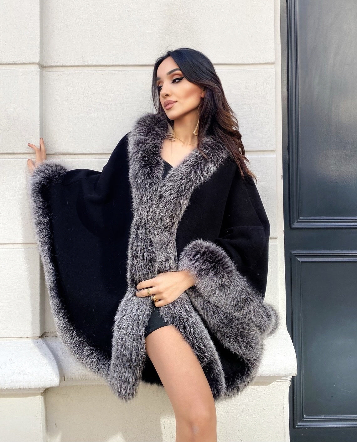 Silver Fox Fur Cashmere Poncho in black