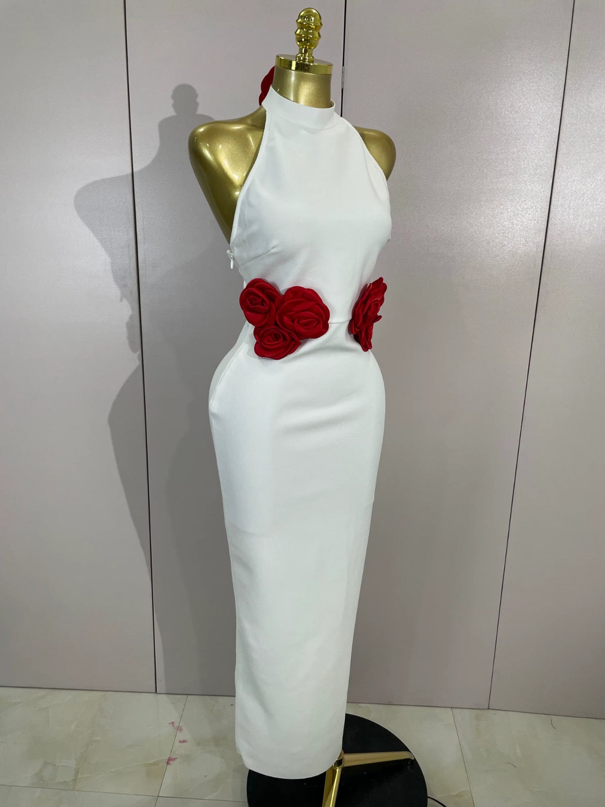 White Rose Detail Halter Midi Dress