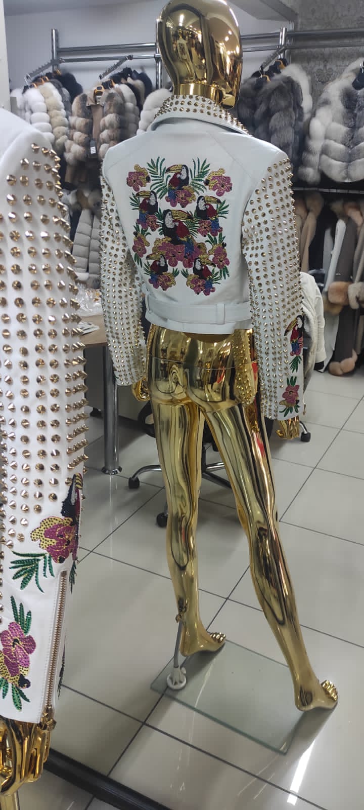 Genuine Leather Embroidered Biker Jacket in white