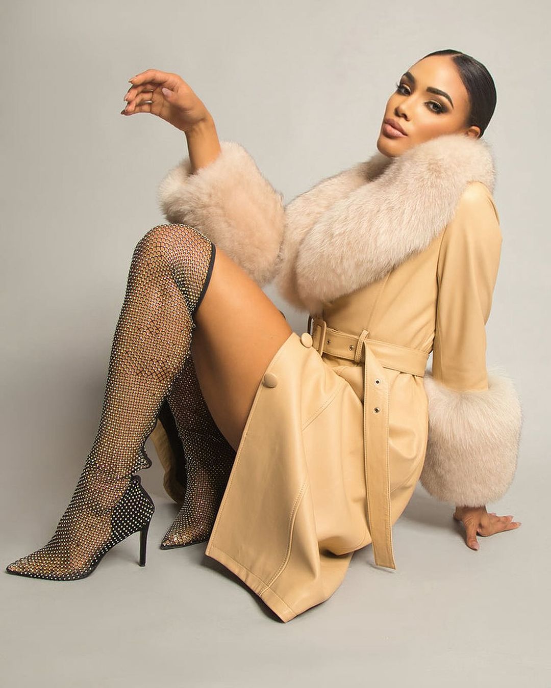 Fox Fur Genuine Leather Coat in beige