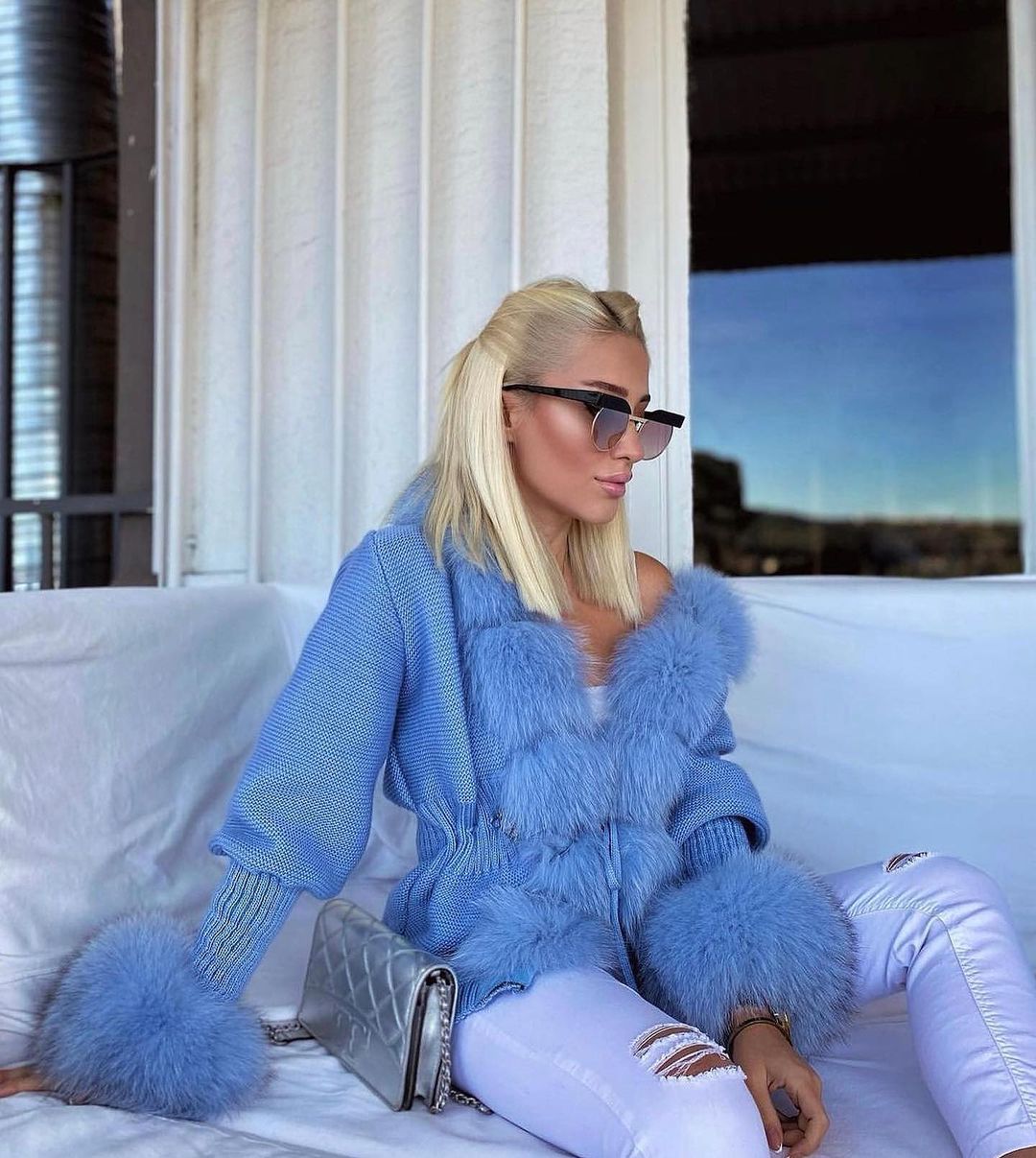 Fox Fur Cashmere/Knit Short Cardigan in blue