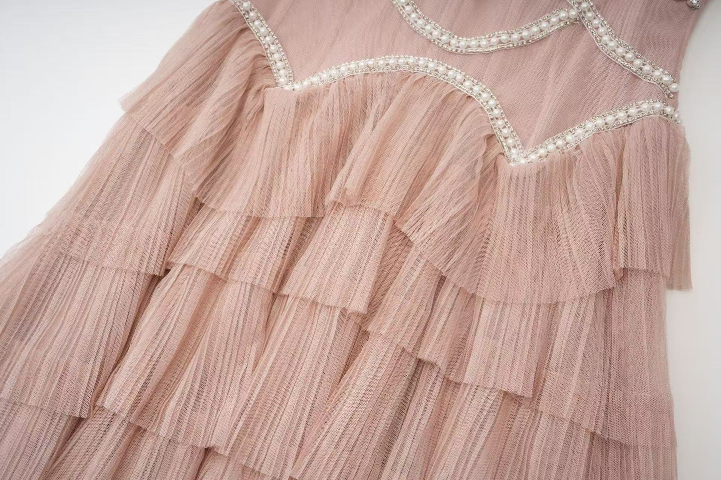 Blush Embellished Tiered Tulle Evening Dress