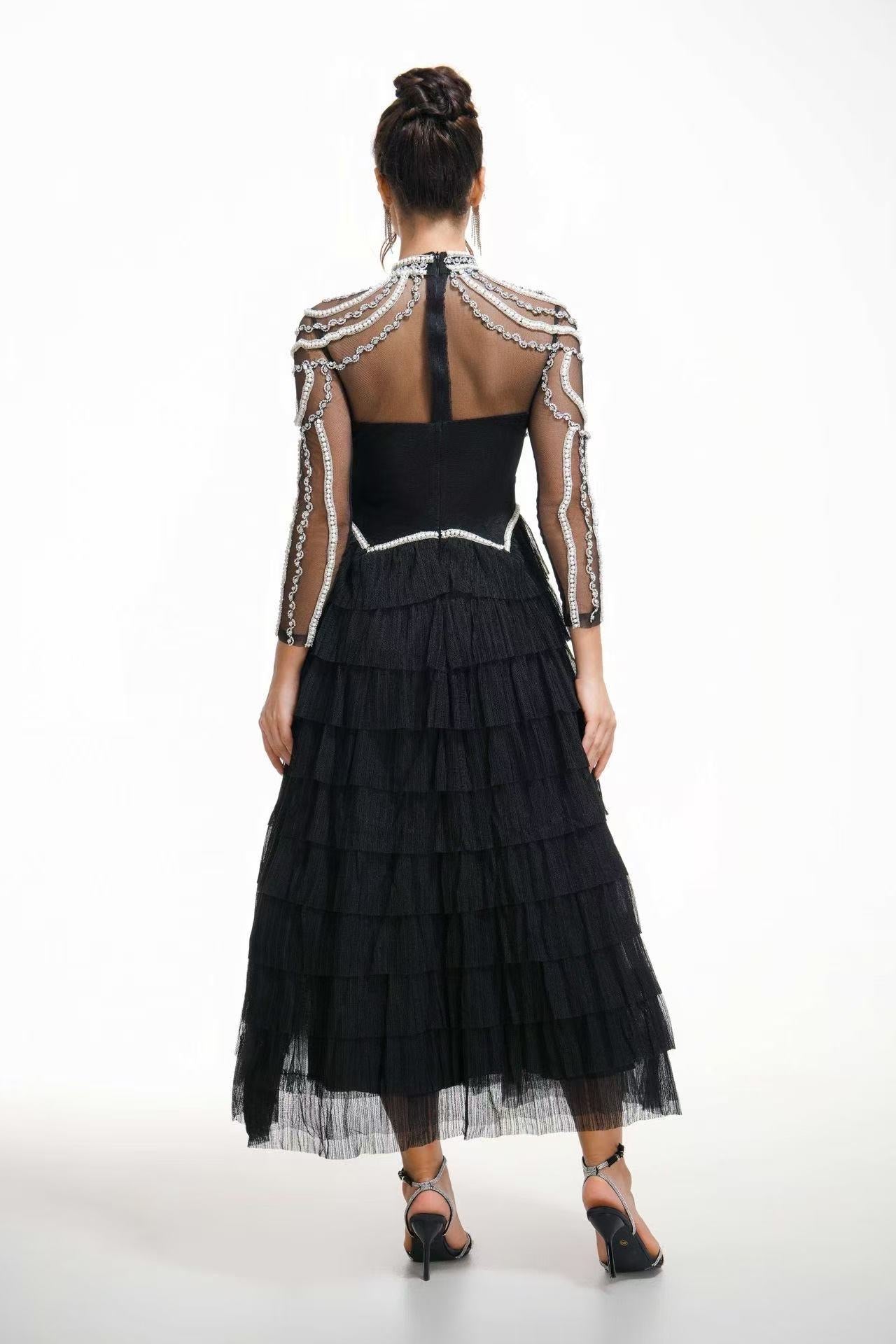 Black Embellished Tiered Tulle Evening Dress