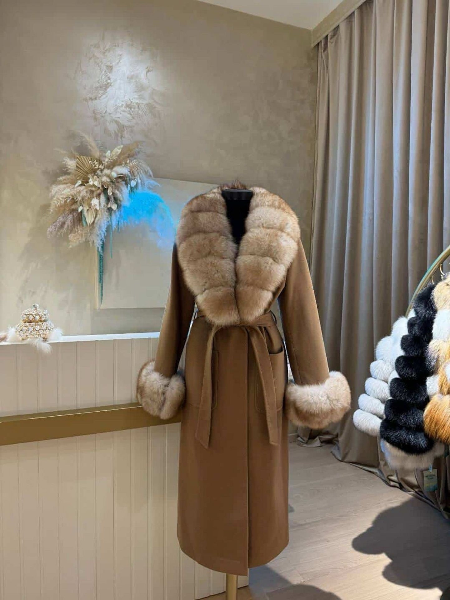 Real Fox Fur Cashmere Coat in camel