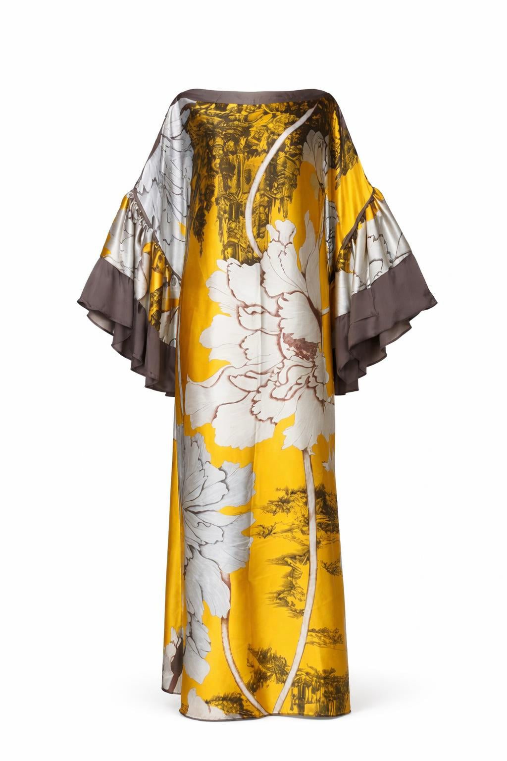 Layla Floral Silk Abaya in Mustard