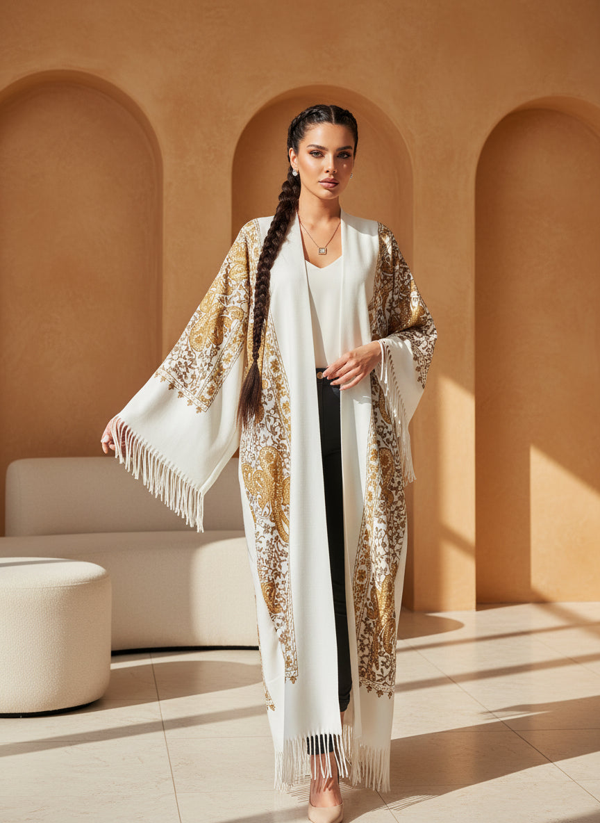 White & Gold Wool Embroidered Abaya – Winter Luxe Collection