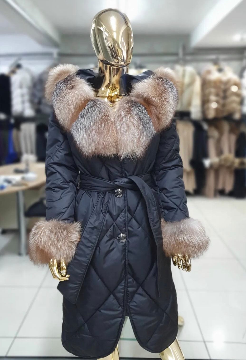 Fox Fur Trim Puffer Jacket in black