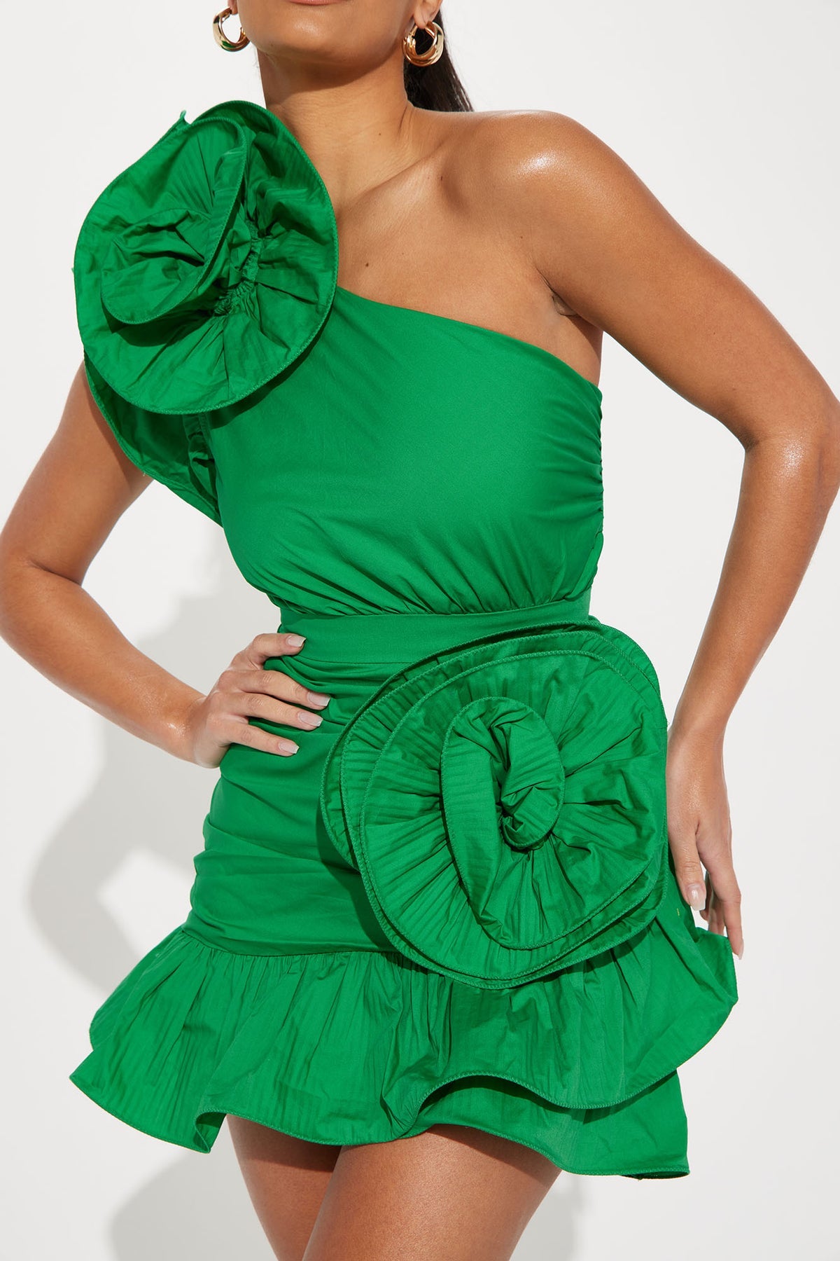 Emerald One-Shoulder Rosette Mini Dress