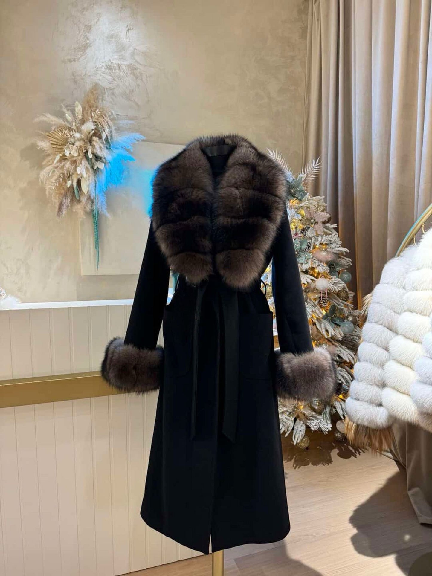 Real Fox Fur Cashmere Coat in black