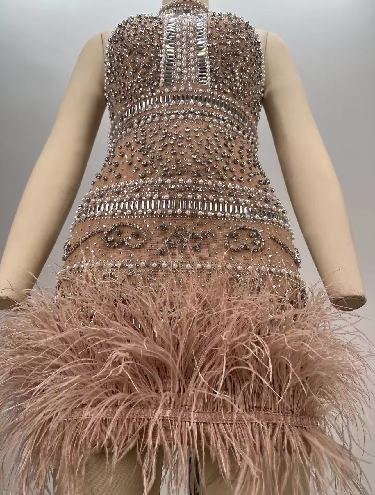 Nancy Crystal Embellished Nude Feather Dress