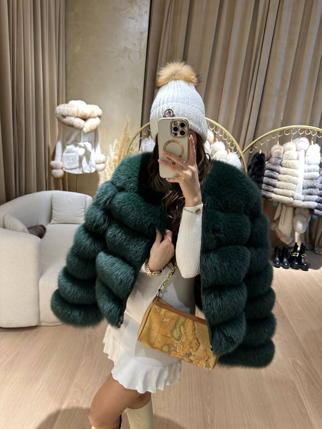 Lime Fox Fur Genuine Leather Jacket in dark green