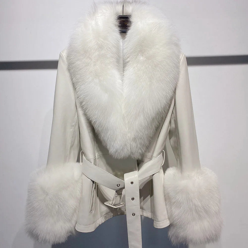 Short Fox Fur Genuine Leather Jacket in off-white