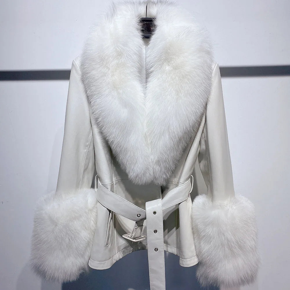 Short Fox Fur Genuine Leather Jacket in white