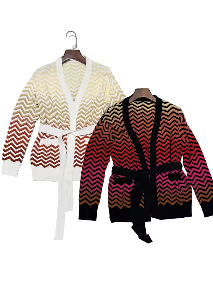 Lace-Up Waist Zigzag Striped V-Neck Long Sleeve Knit Cardigan