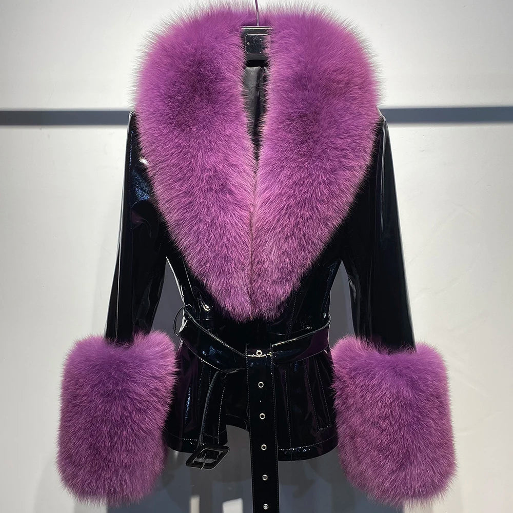 Short Fox Fur Genuine Leather Jacket in patent black