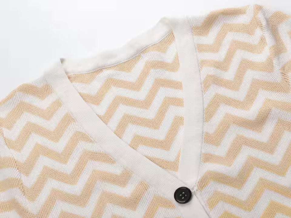 Elegant V-Neck Color Gradient Short Sleeve Wavy Knit Long Dress