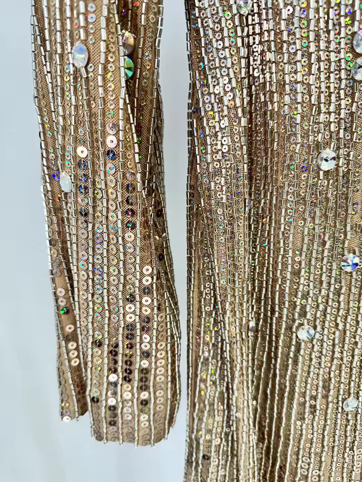 Rhinestone Sequin Beaded Long Sleeve O-Neck Party Mini Dress