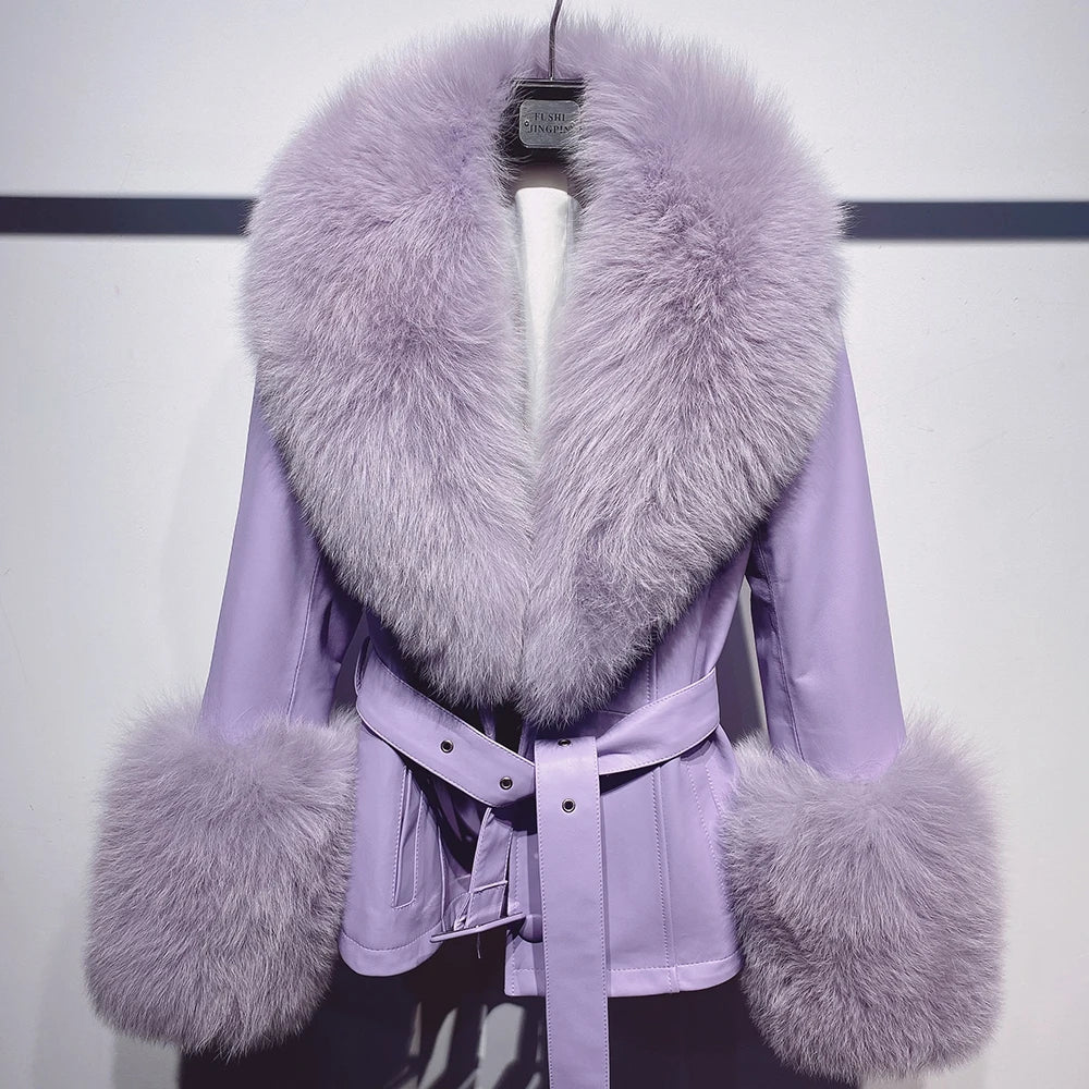 Short Fox Fur Genuine Leather Jacket in lavender