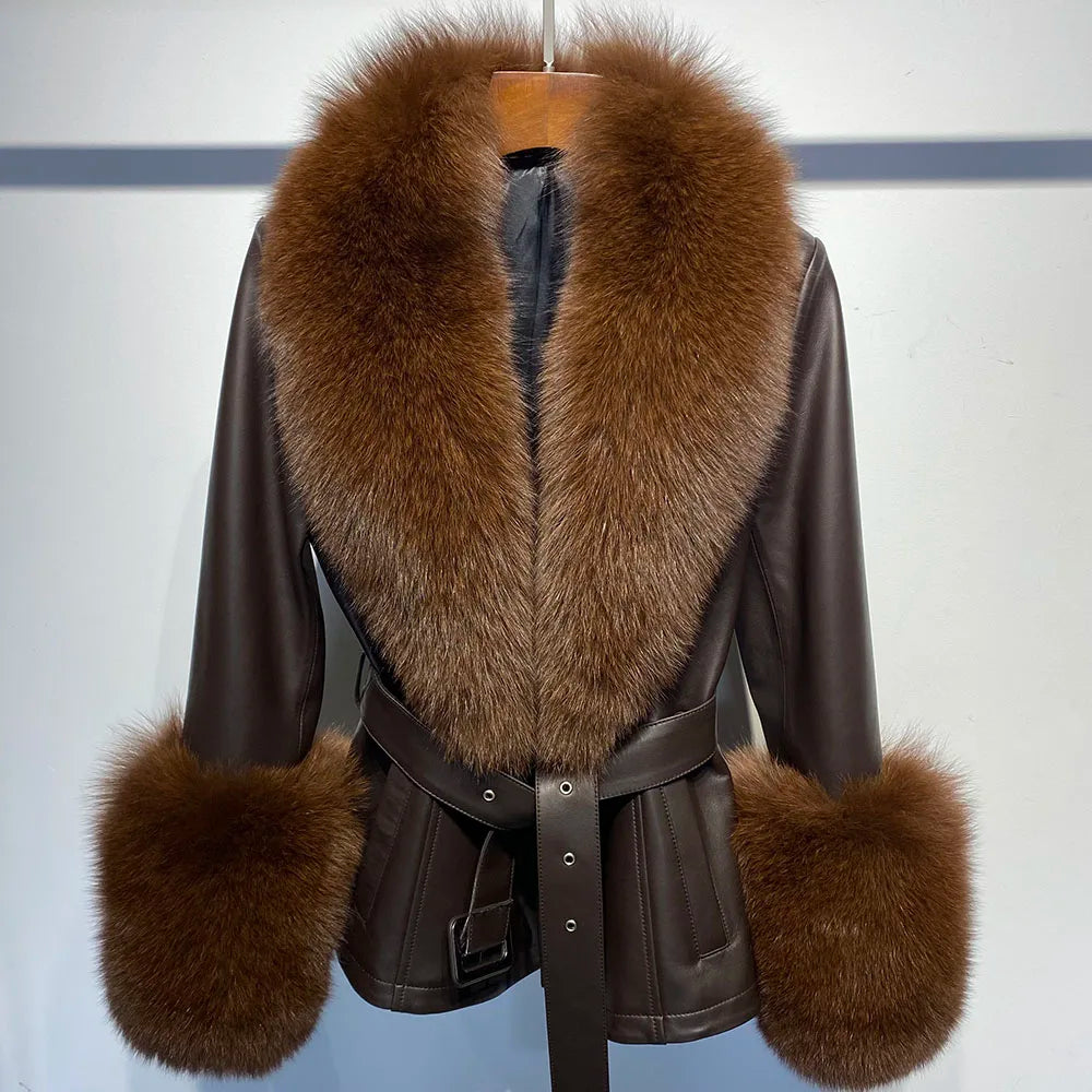 Short Fox Fur Genuine Leather Jacket in brown