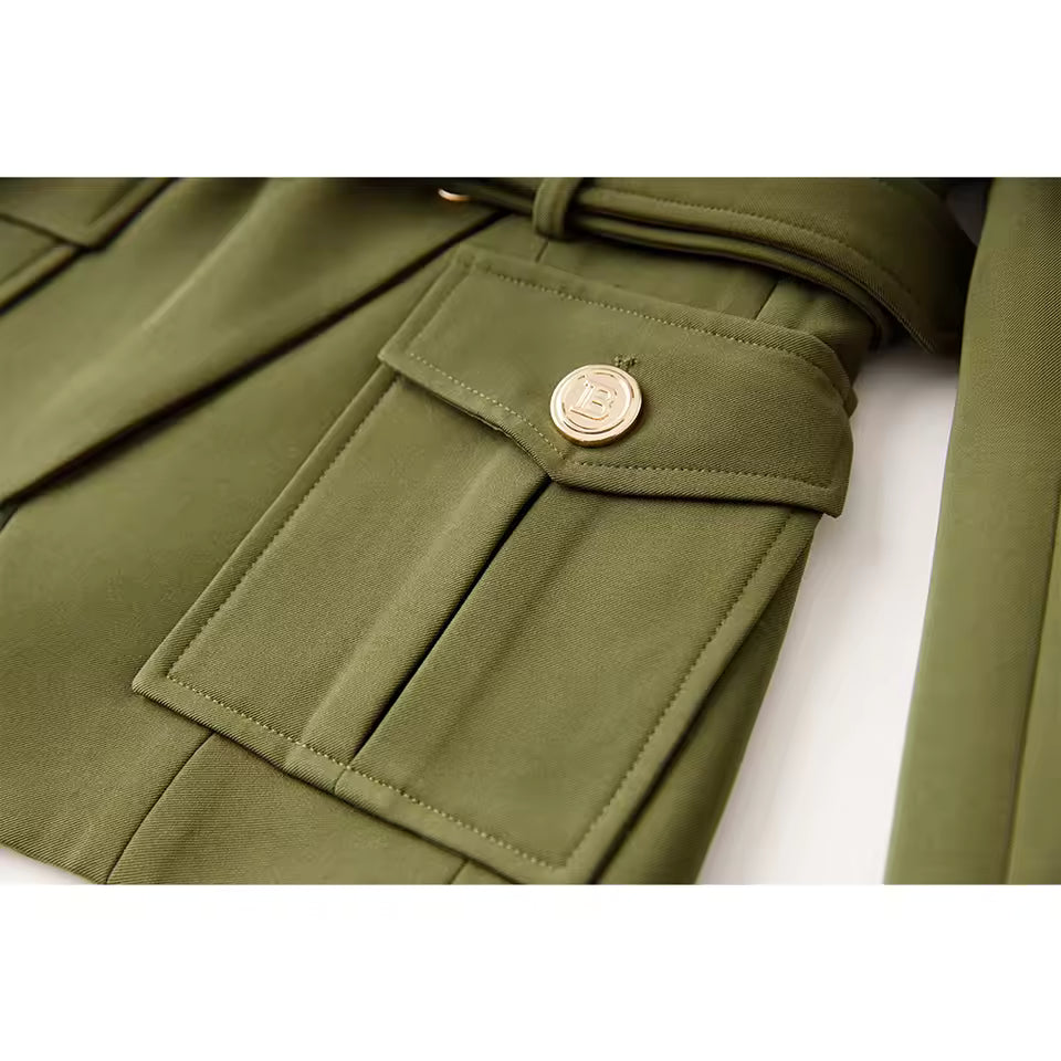 Army Green Belted Blazer with Pockets