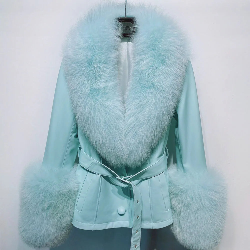Short Fox Fur Genuine Leather Jacket in sky blue