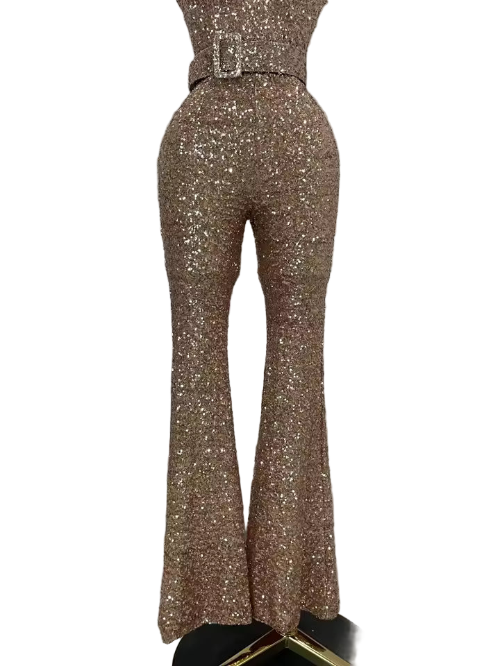 Shiny Sequin Halter Backless Bodycon Jumpsuit