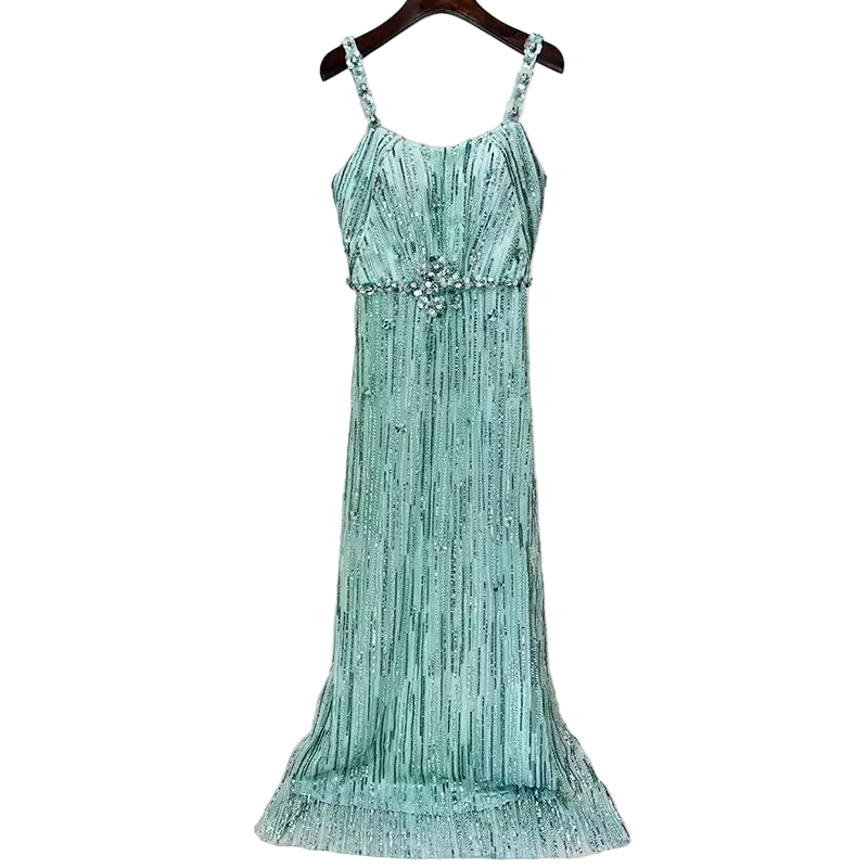 Slim Fit Sequin Patchwork Beaded Square Neck Sleeveless Dress