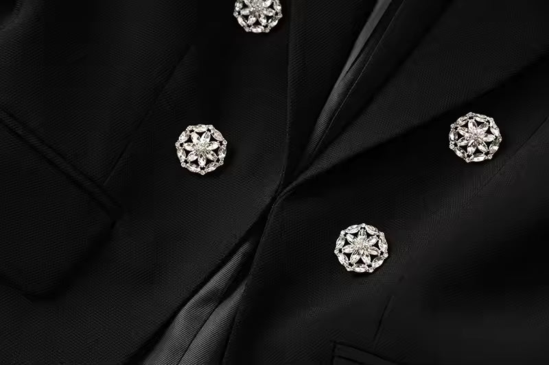 Rhinestone Beaded Notched Double-Breasted Solid Blazer