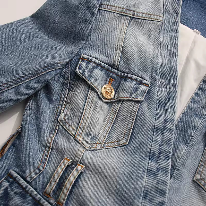 Slim Fit Belted Patchwork Denim V-Neck Coat with Pockets