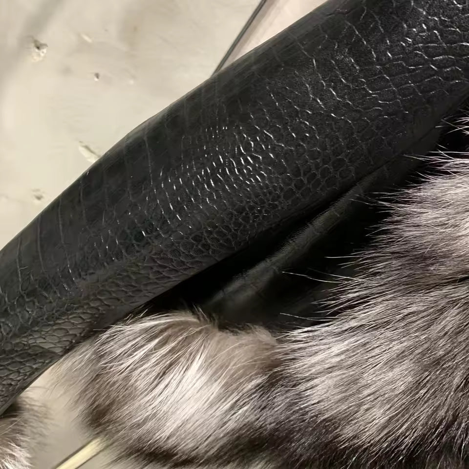 Cropped Shearling Leather Coat with Natural Fur Sleeves