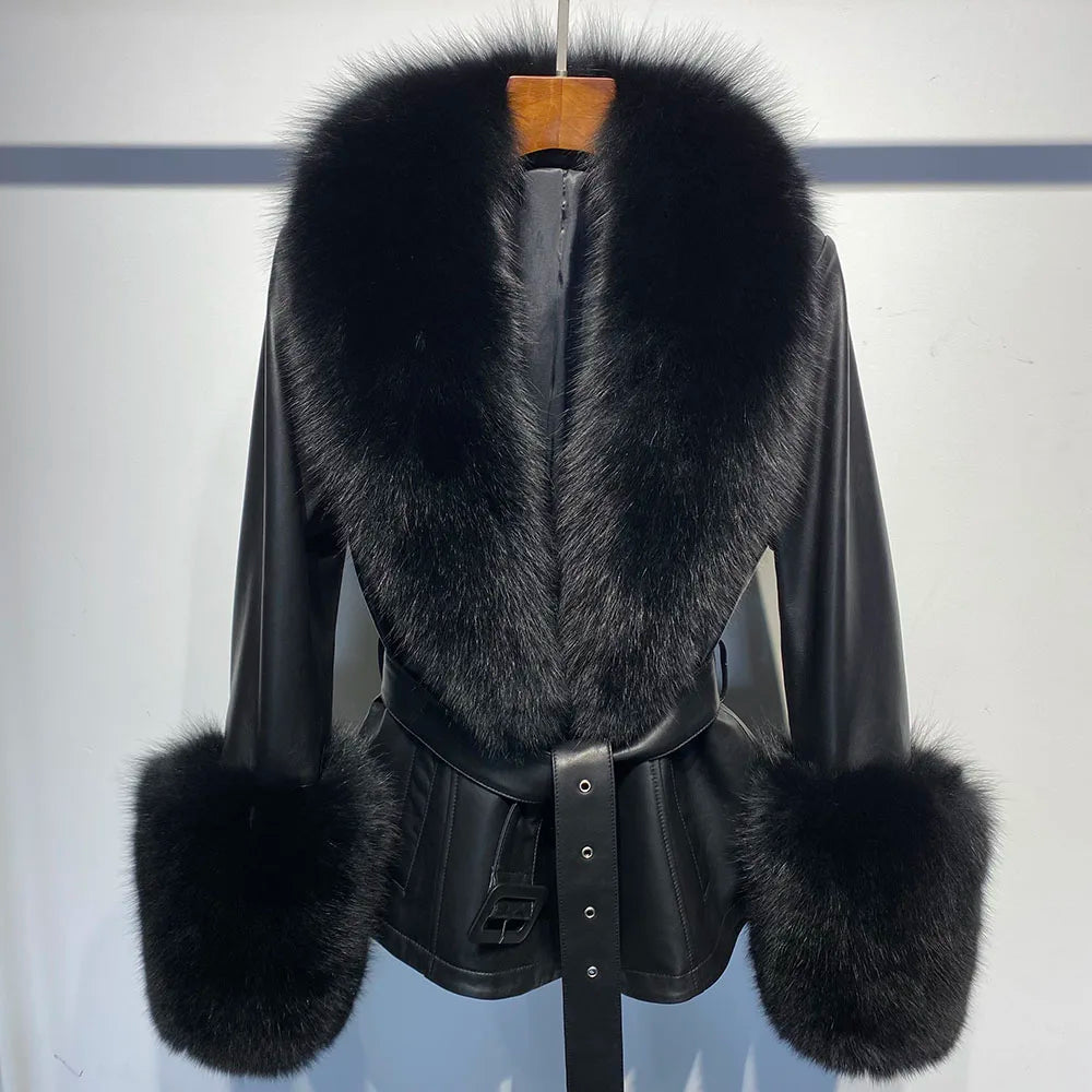 Short Fox Fur Genuine Leather Jacket in black