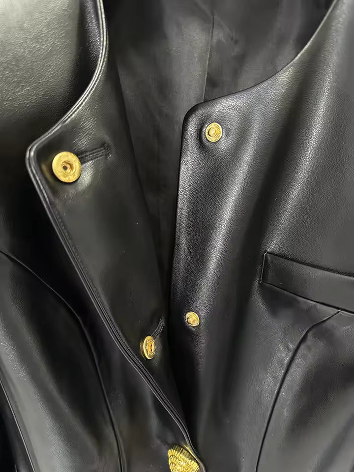 PU O-Neck Single-Breasted Slim Jacket