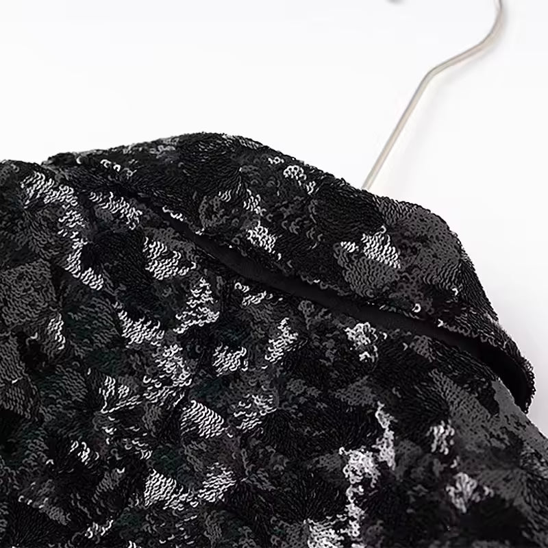 Vintage Puff Sleeve Sequin Double-Breasted Notched Blazer