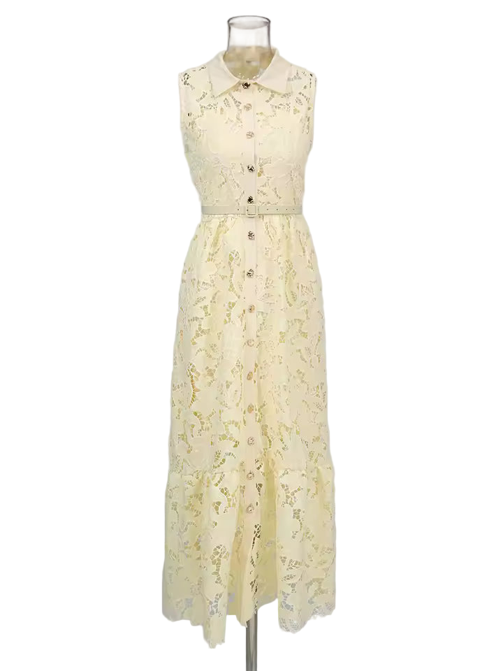 Sleeveless Patchwork Belted Lapel Dress with Hollow Out Detail