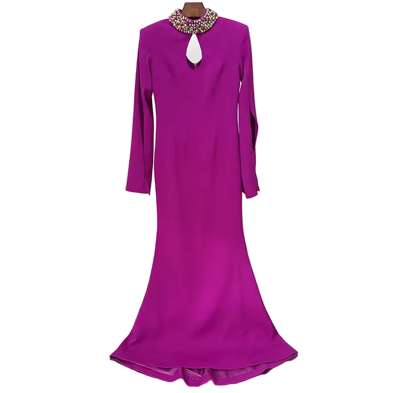 Patchwork Beaded Hollow Out Long Sleeve Split Midi Dress