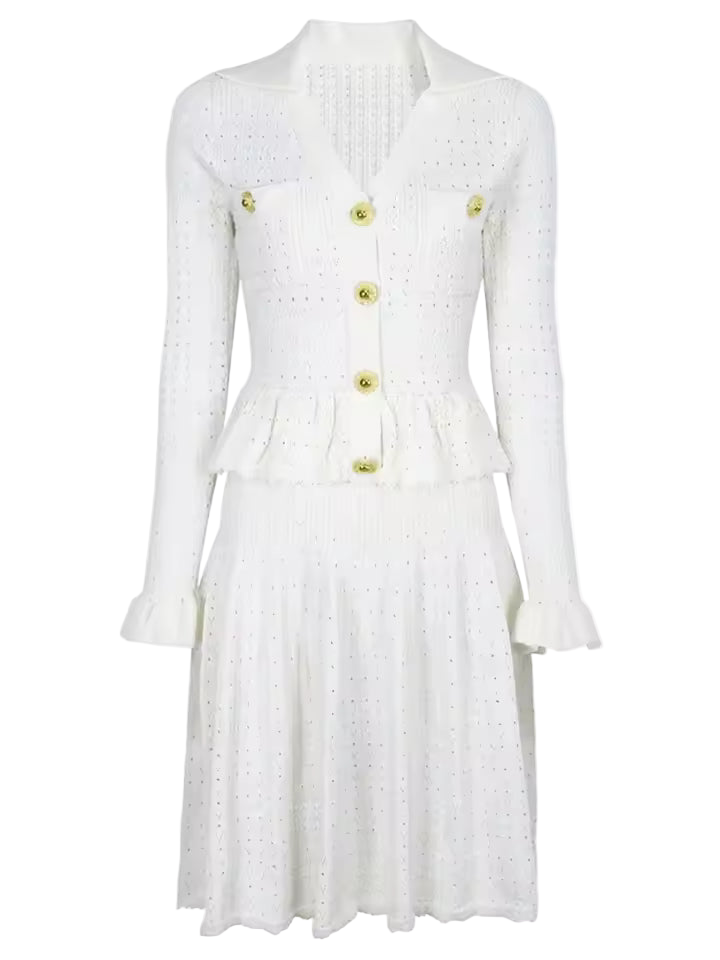 Ruffle Pleated V-Neck Knitted Long Sleeve Dress with Buttons
