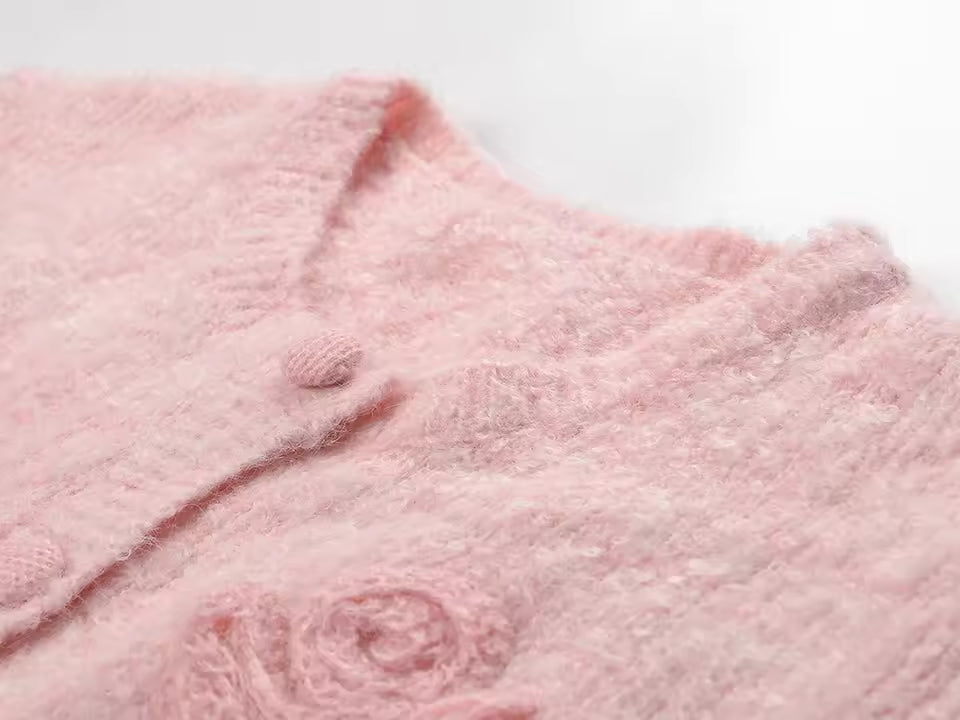 Solid Rose Accent O-Neck Long Sleeve Knit Cardigan