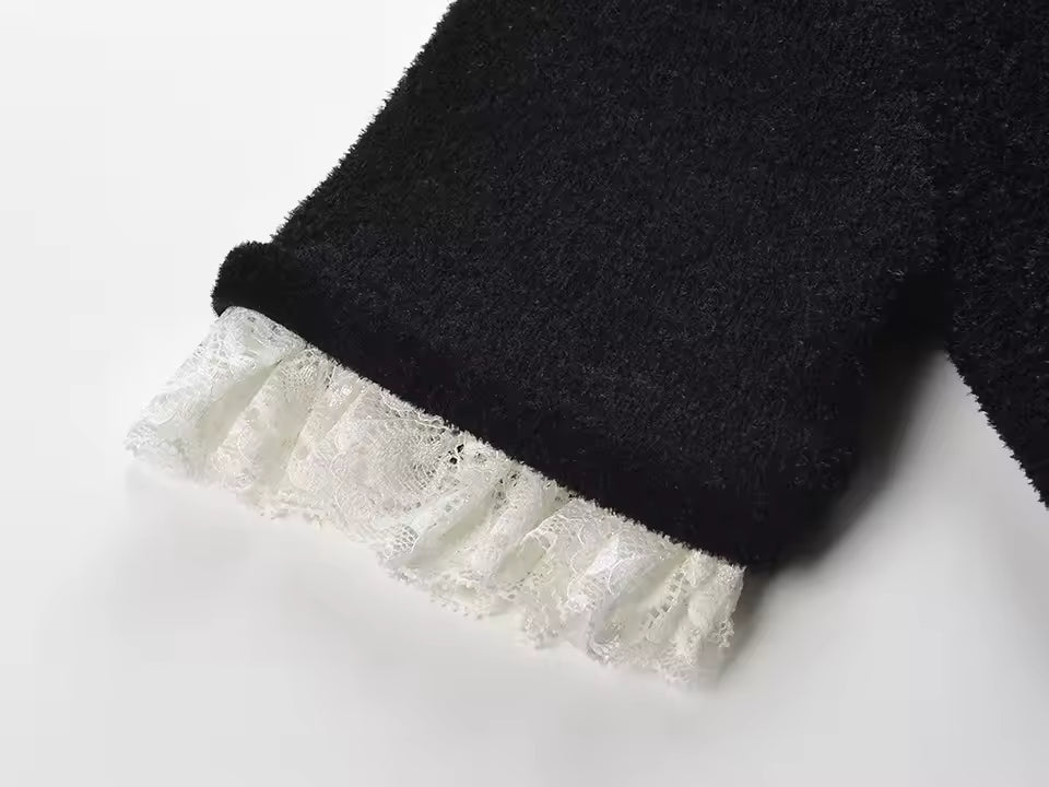 Vintage French Lace Patchwork O-Neck Short Sleeve Knit Cardigan with Belt