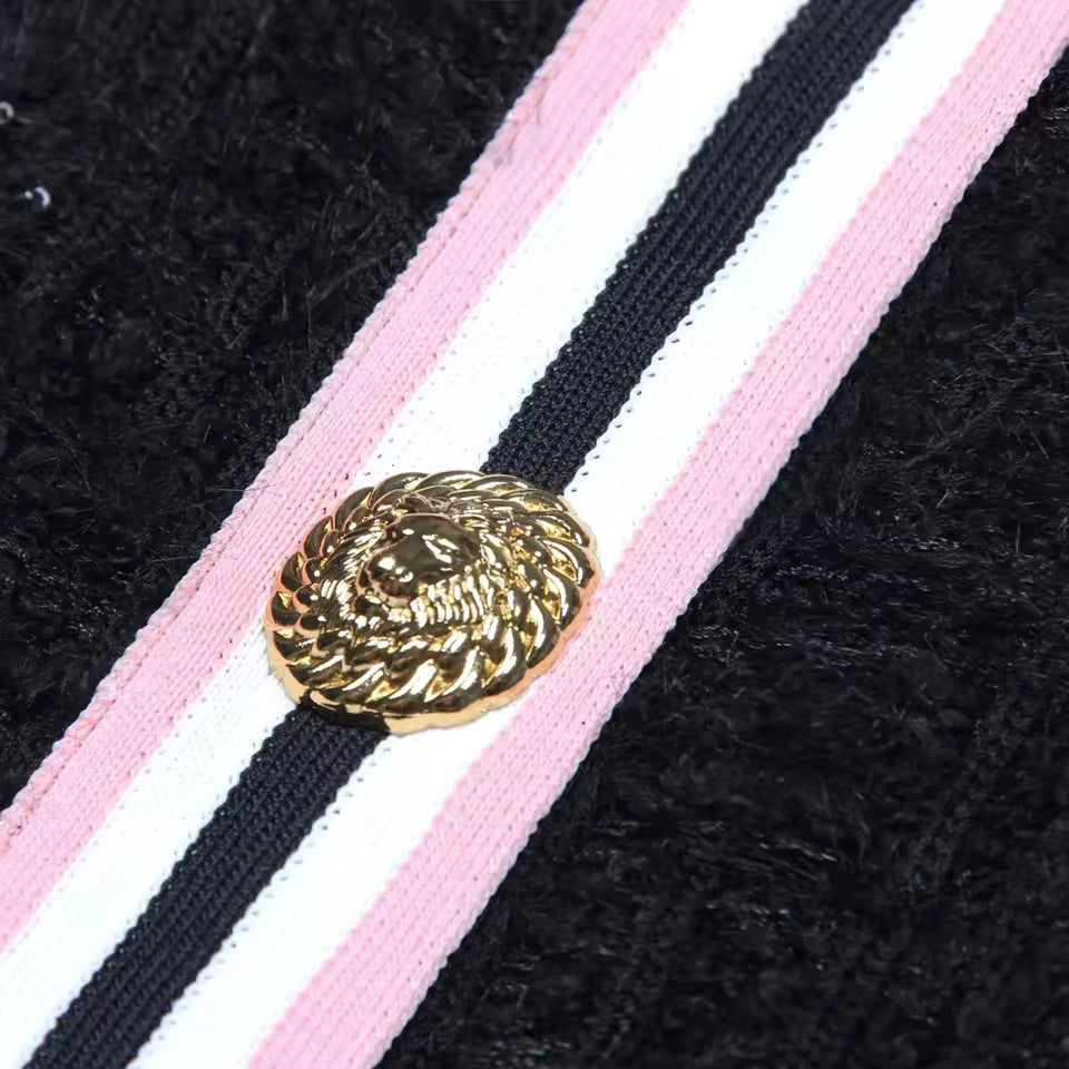 Fur Fringe Color Block Stripe Round Neck Single-Breasted Knit Vest Top