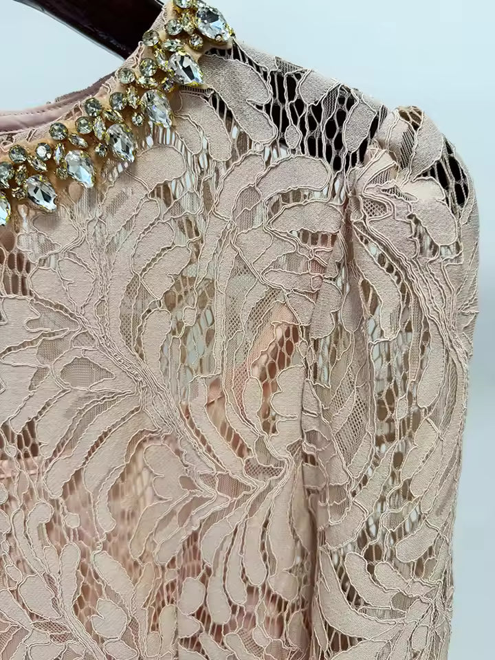 Rhinestone Lace Midi Dress with Three-Quarter Sleeves