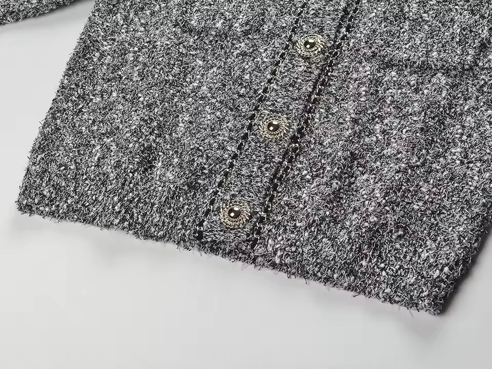 Stylish Chain Decor O-Neck Long Sleeve Single-Breasted Knit Cardigan