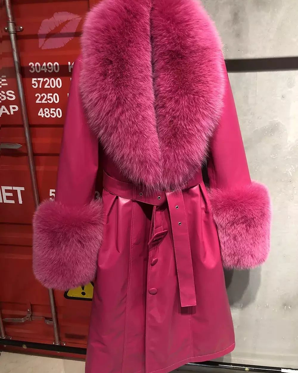 Fox Fur Genuine Leather Coat in fuchsia