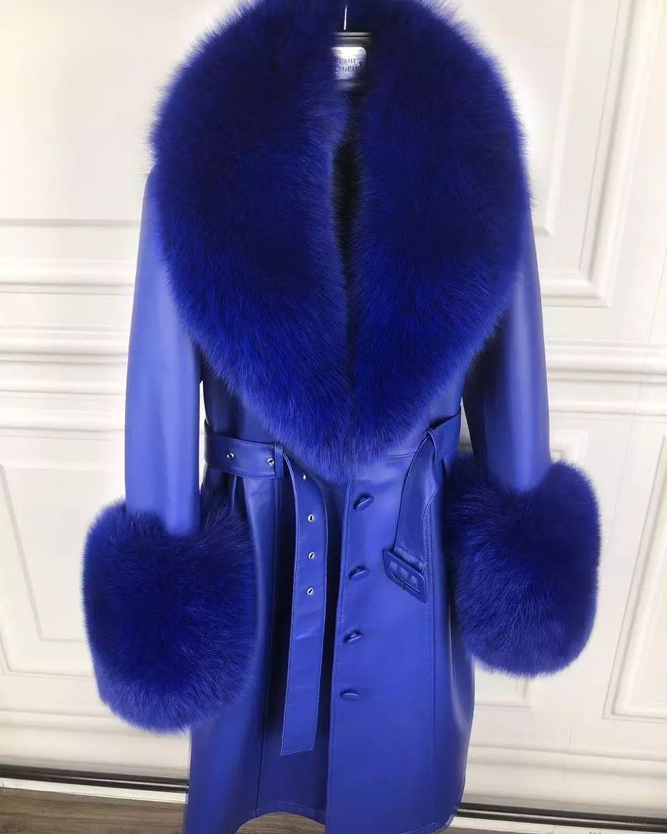Fox Fur Genuine Leather Coat in royal blue