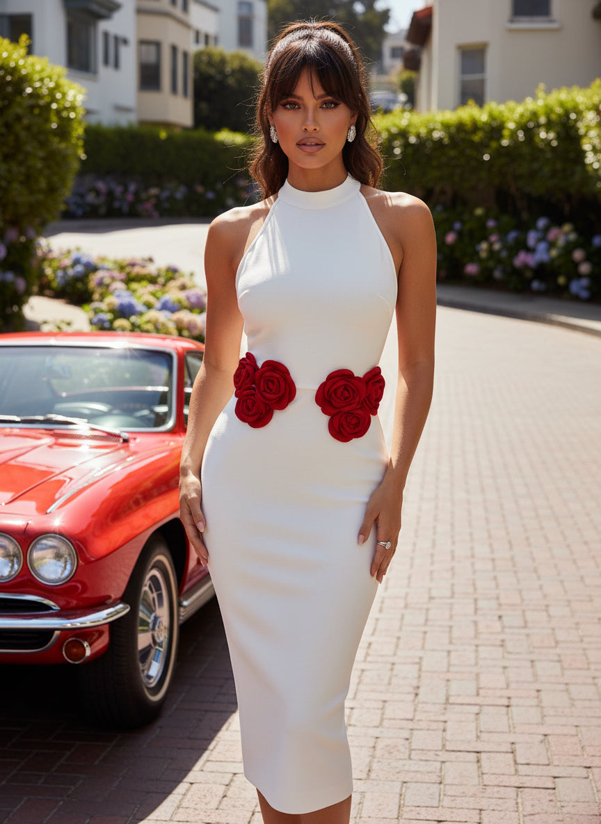 White Rose Detail Halter Midi Dress