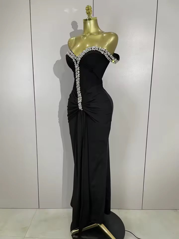 Crystal Embellished Off-Shoulder Maxi Dress – Black