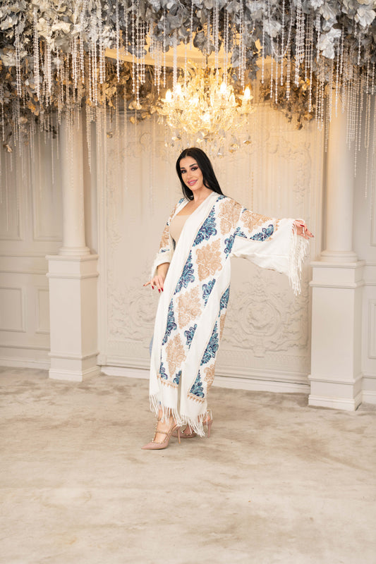 Embroidered Wool Abaya in White/Turquoise